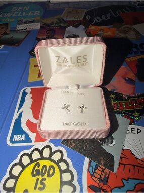 Zales Crystal Cross Earrings in 14K Gold